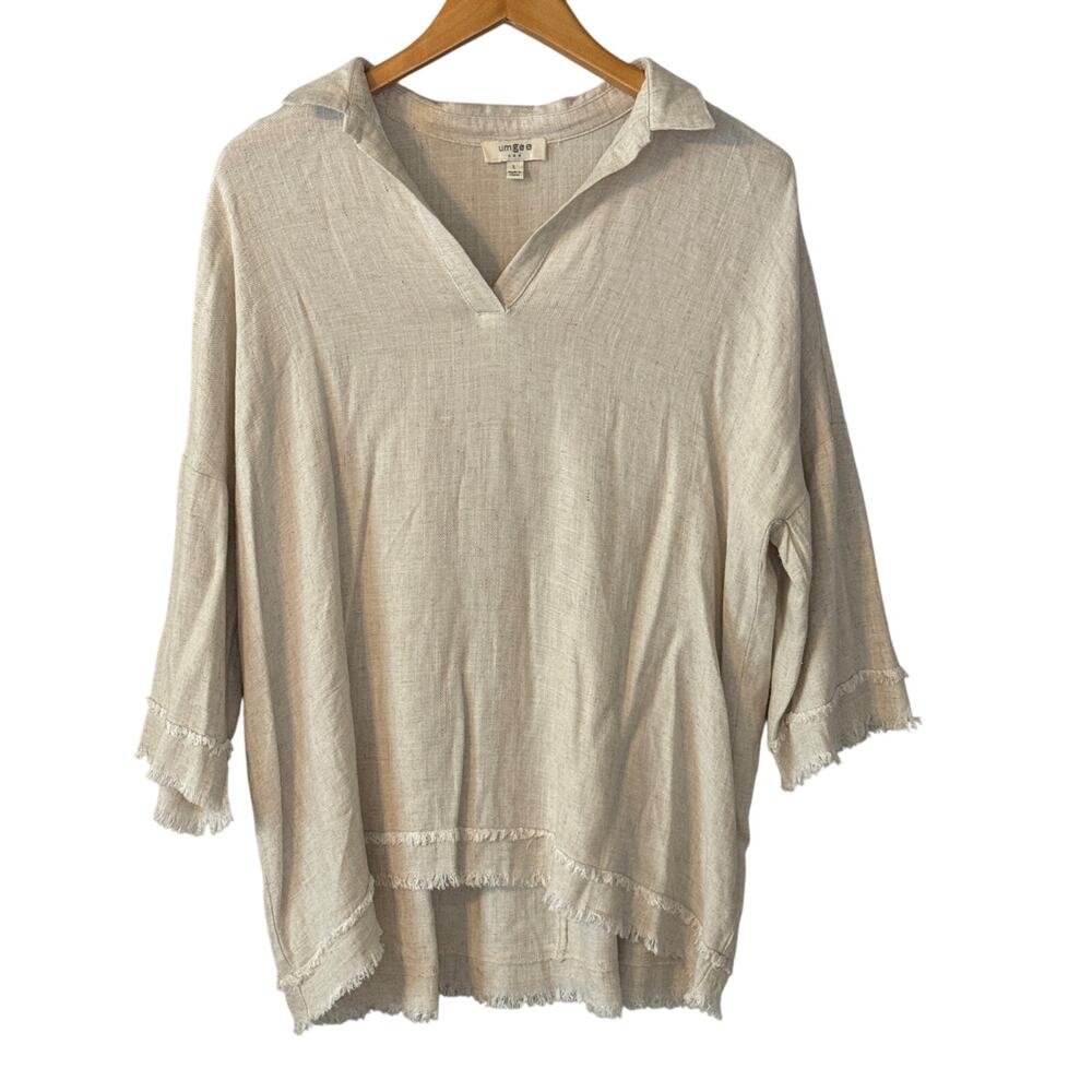 Umgee Linen Blend Raw Hem Collared Lagenlook Blouse Womens  Large